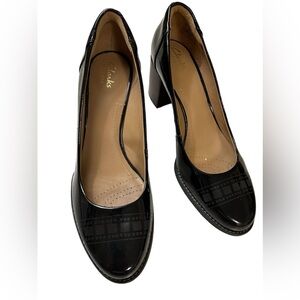 Clarks Artisan Tarah Sofia Black Block Heel Comfort Patent Leather SZ 8.5